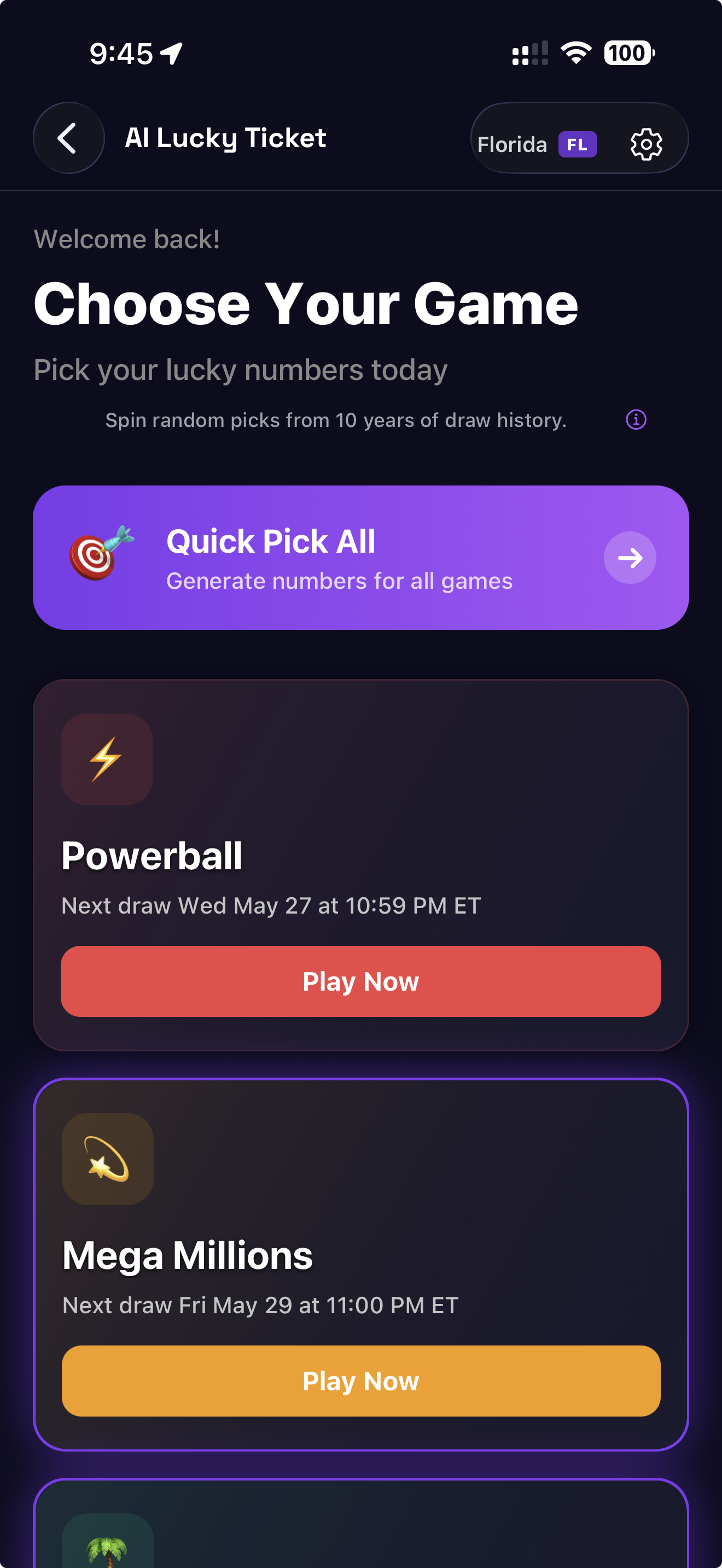 Choose your game with next drawing time